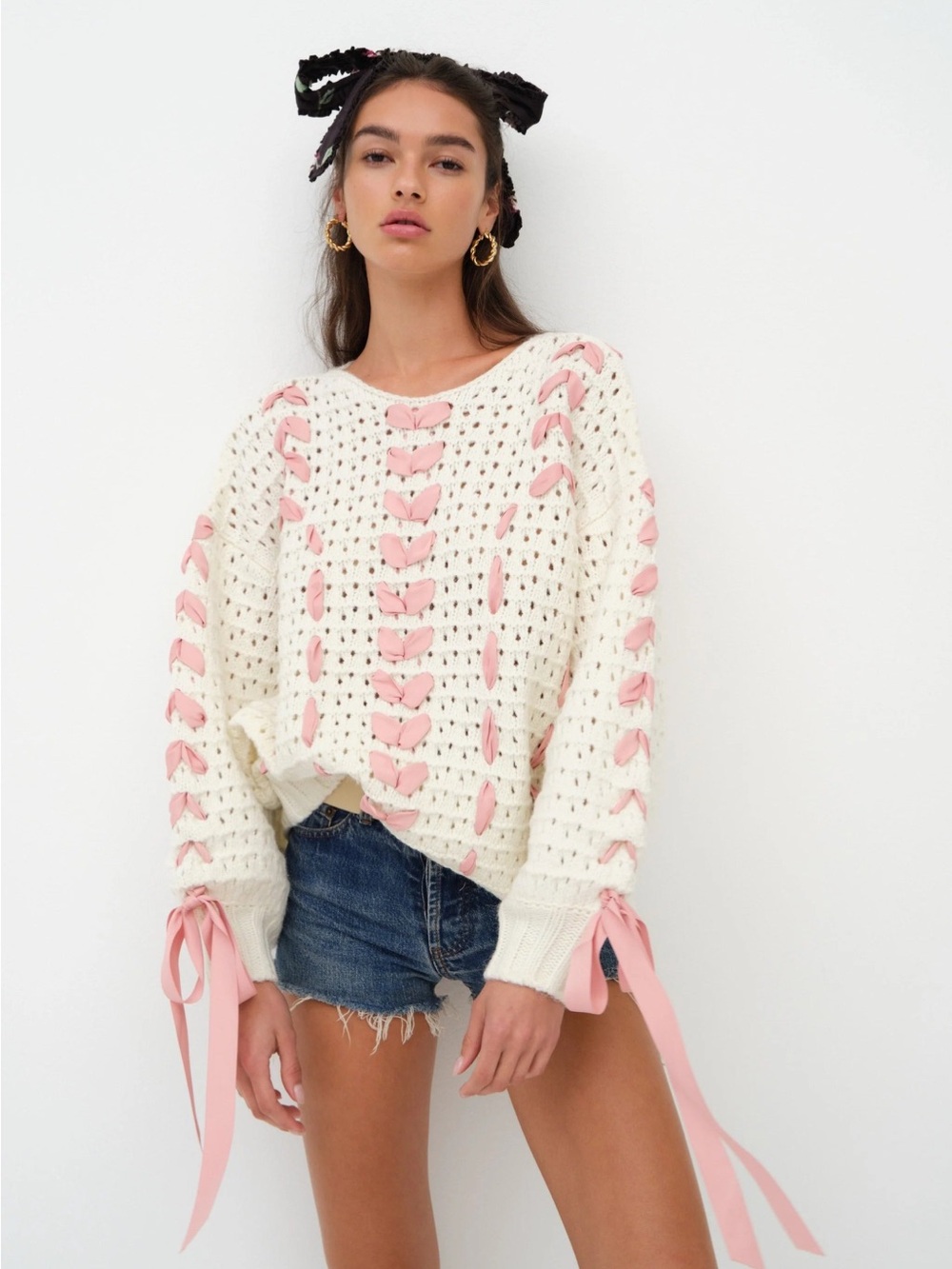 NWT For Love & Lemons Cream Open-Knit Oversized Sweater with Pink Ribbon Trim